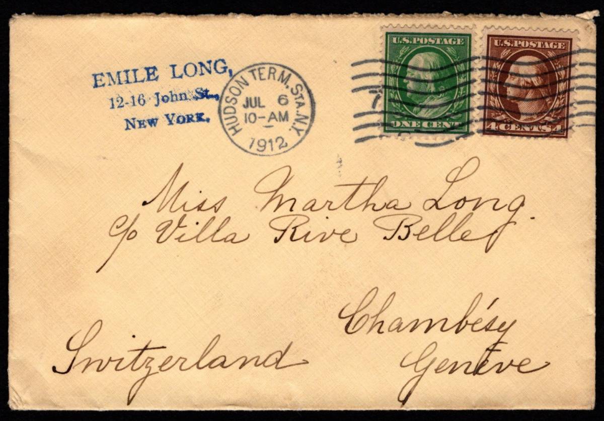 アメリカ切手 1908年シリーズ 1￠、４￠貼カバー、スイスあて（#374