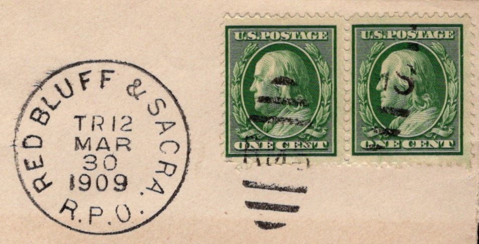 アメリカ切手 1908年シリーズ 1￠ペア貼カバー、国内書状、鉄郵印消