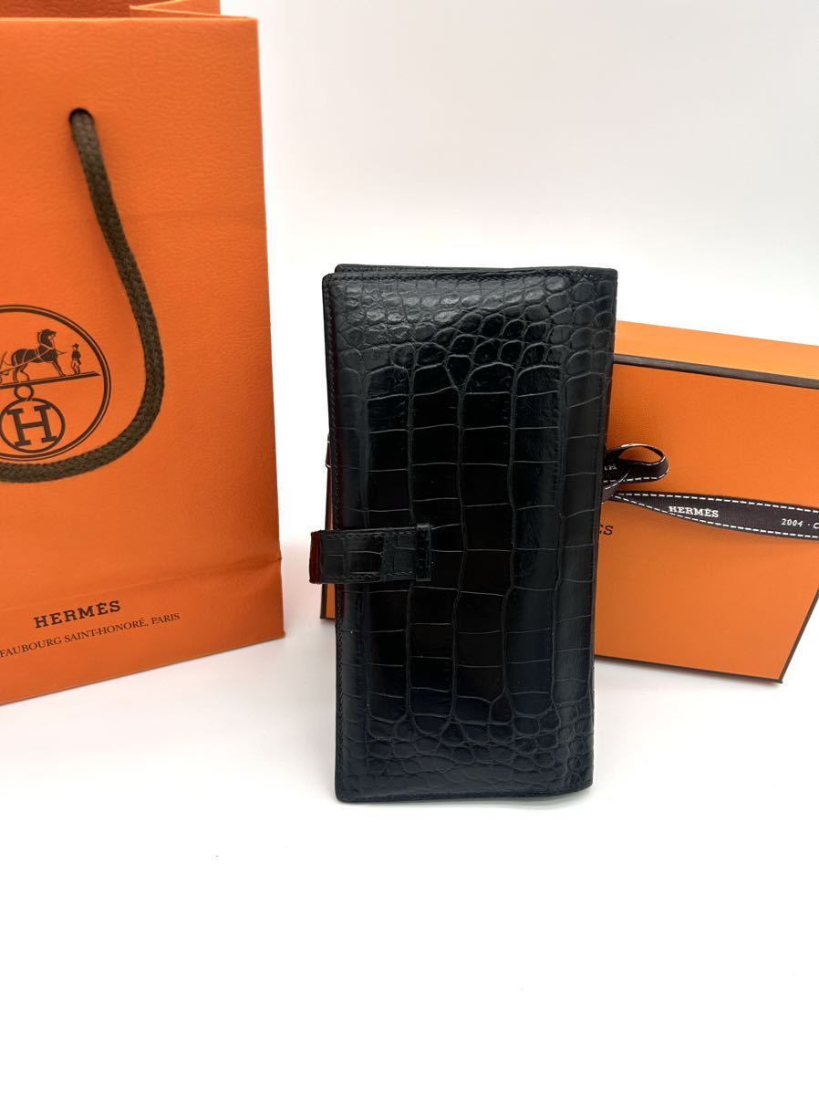 正規品付属品有 HERMES エルメス ベアンクラシック 黒 アリゲーター 長財布 ウォレット ブラック ウォレット クロコ シルバー金具_画像2