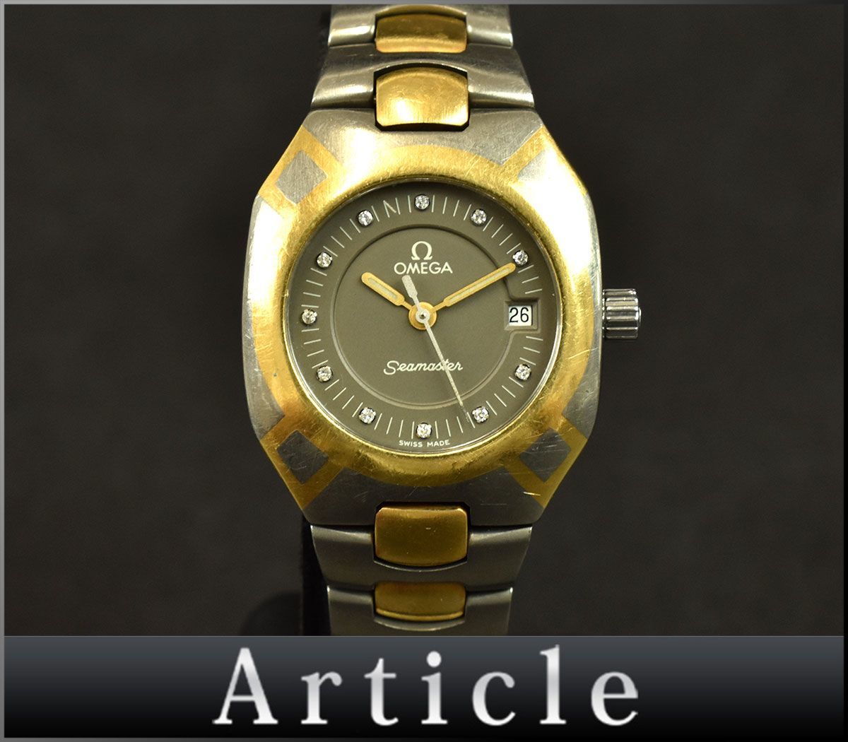 161461◇動作確認済 OMEGA オメガ シーマスター ポラリス 腕時計 クォーツ デイト SS YG グレー シルバー アナログ レディース/ D_画像1