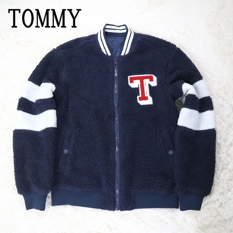 TOMMY JEANS トミージーンズ ボアジャケット リバーシブル ロゴ刺繍 ネイビー×ホワイト ブルゾン 裏ボア ナイロン メンズ Lサイズ