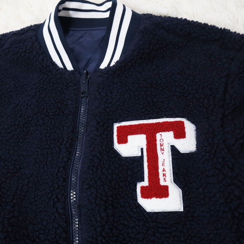 TOMMY JEANS トミージーンズ ボアジャケット リバーシブル ロゴ刺繍 ネイビー×ホワイト ブルゾン 裏ボア ナイロン メンズ Lサイズ