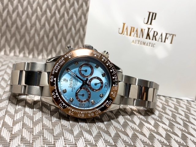 天然ダイヤモンド付き 新品 JAPANKRAFT ジャパンクラフト 正規品 自動巻き 腕時計 機械式 アイスブルー コスモグラフ ビジネスウォッチ_画像7