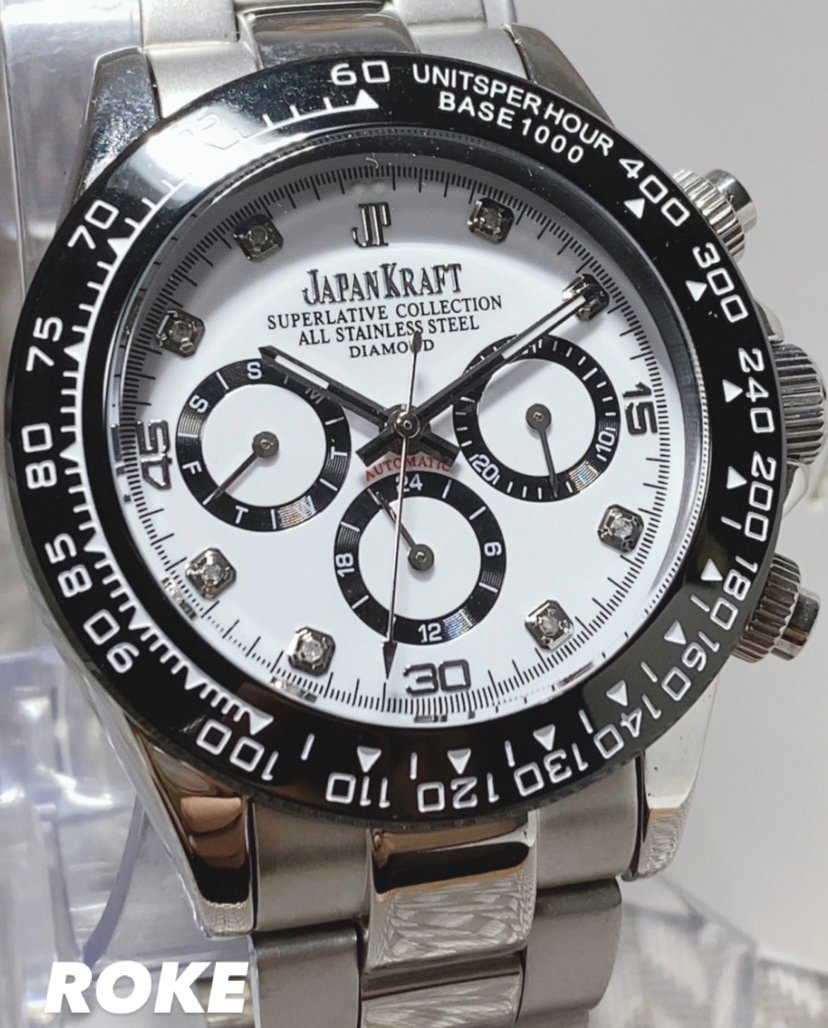 天然ダイヤモンド付き 新品 JAPANKRAFT ジャパンクラフト 正規品 自動巻き 腕時計 機械式 コスモグラフ パンダ ビジネスウォッチ_画像1