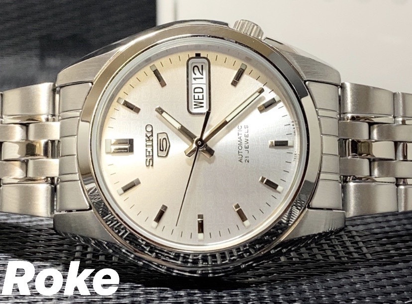 新品 SEIKO5 セイコー5 日本製 自動巻き 機械式 腕時計 シルバー セイコー5ロゴ文字盤 裏ブタスケルトン ビジネスウォッチ カレンダー_画像1