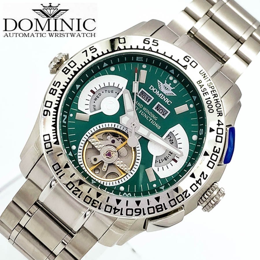 【1円】【当店限定】DOMINIC ドミニク隠しからくりギミック搭載メンズ腕時計自動巻きカレンダーグリーンシルバーオープンハート_画像2