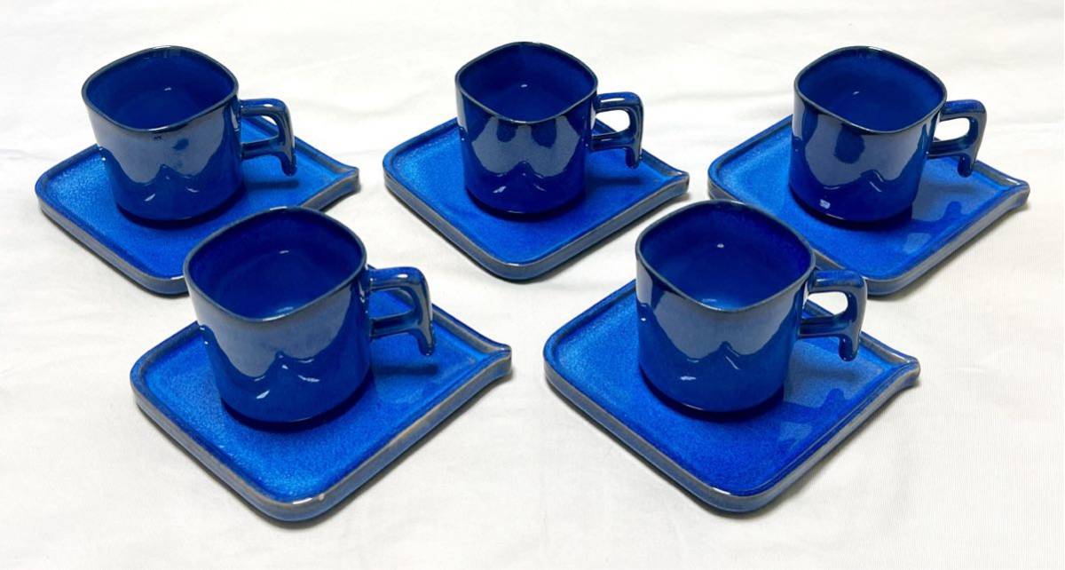 南紀御浜窯　御浜焼　角デミタスコーヒーカップ＆角ソーサー　碗皿5客セット　希少品