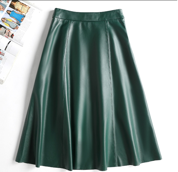 レディースラムレザースカート緑色フレアスカートXXXL_画像2