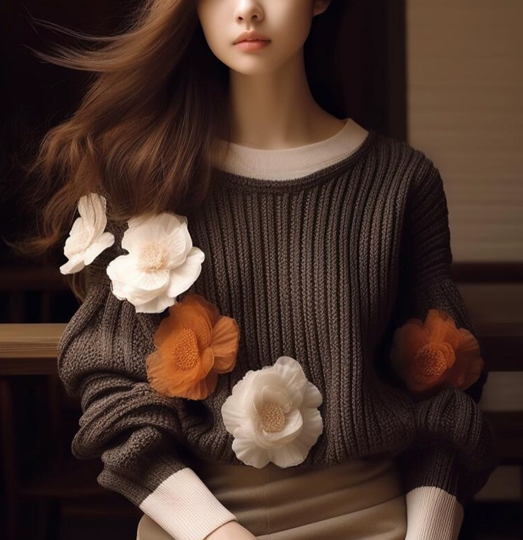 レディース可愛い３Dフラワーセーター茶色S