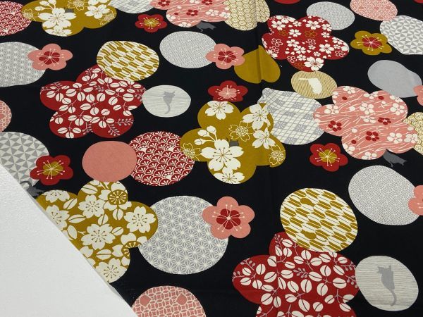 V three work V free shipping cotton .... three width 110×110 furoshiki flower . cat pattern black made in Japan 