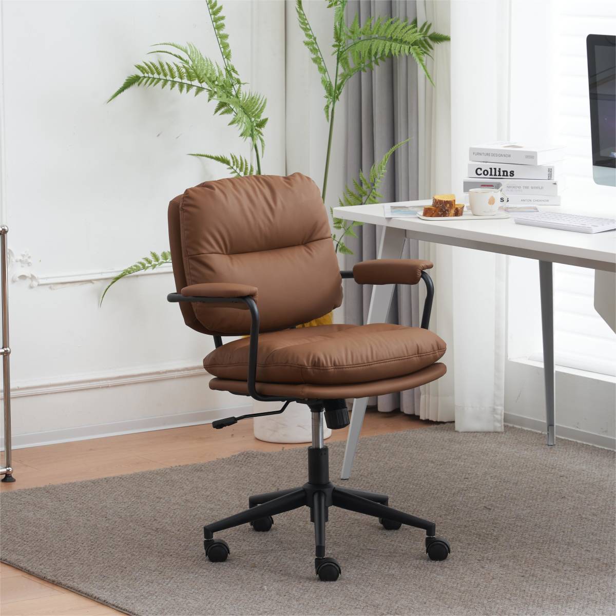 ブラウン デスクチェア 在宅ワーク オフィスチェア おしゃれ 3Dソフトパッド　極上の座り心地　360°回転 椅子 肘付 チェア 学習 かわいい