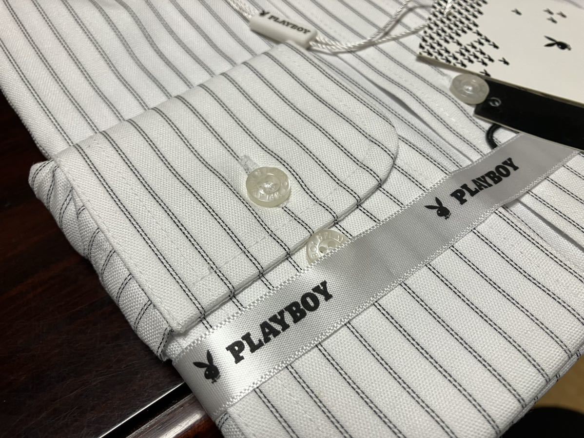 PLAYBOY★形態安定 イージーアイロン ブラックストライプワイシャツ M(39-82)  レギュラーカラー の画像5