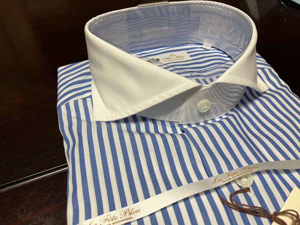 La fete bleu by HITOYOSHI ☆ブルーストライプクレリック　ホリゾンタルワイシャツ　M(39-82)　百貨店販売品　人吉産_画像5
