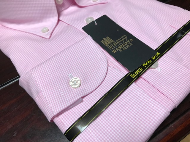 こだわり早稲田屋シャツブランド☆ピンク細かなチェックワイシャツ　M(39-84)　形態安定　ボタンダウン　テープ縫製_画像5