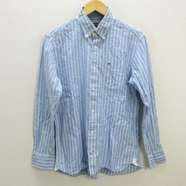 y■トミーヒルフィガー/TOMMY HILFIGER LINEN COTTON ボタンダウン長袖シャツ■水色【メンズL】MENS/76【中古】_画像1