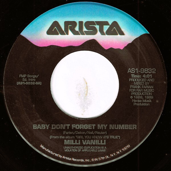 良盤　Milli Vanilli　ミリ・ヴァニリ　Baby Don't Forget My Number　US盤 オリジナル 7” シングルレコード_画像2