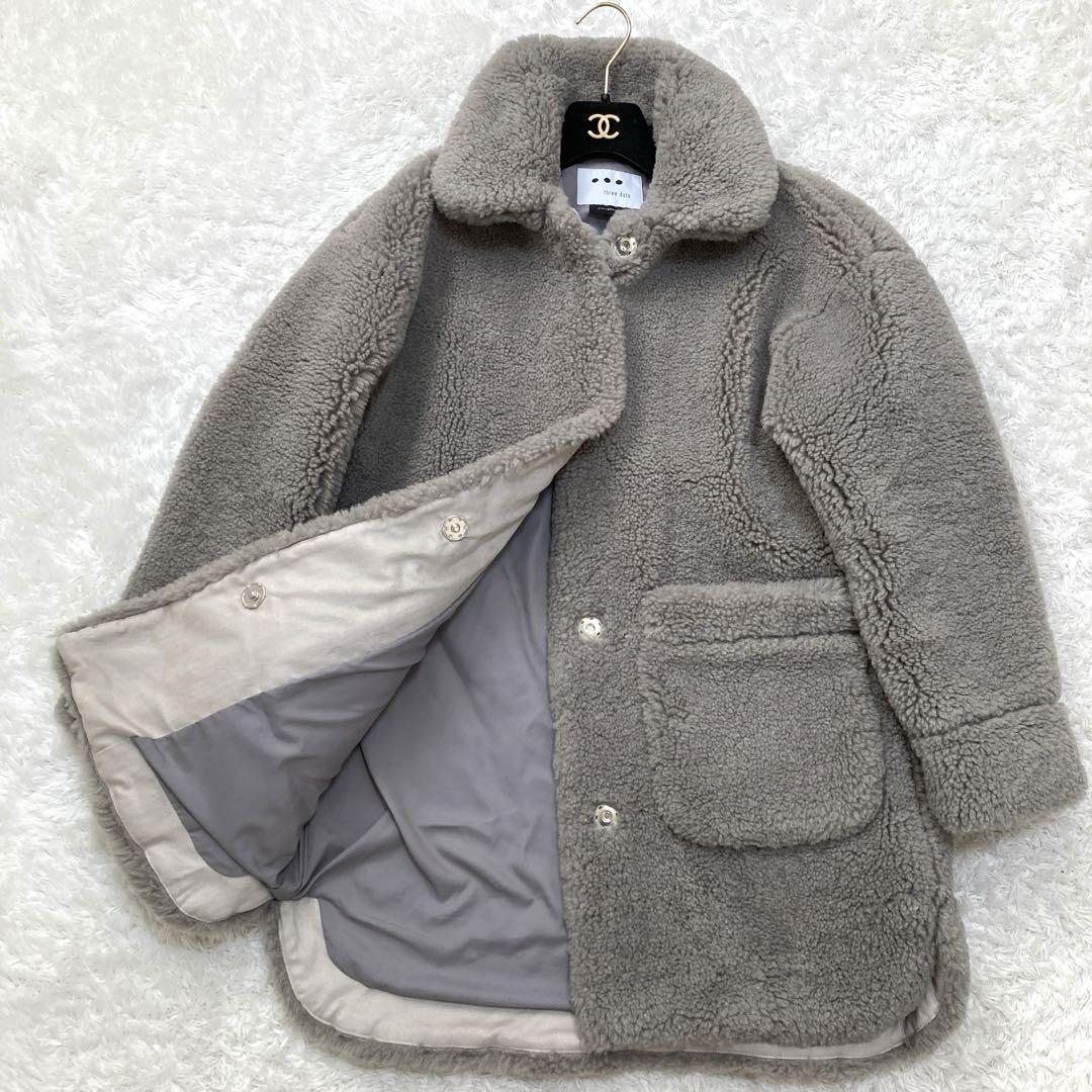 極美品 three dots スリードッツ Upcycled eco fur middle coat エコファーミドルコート グレー 36サイズ  フェイクファーコート