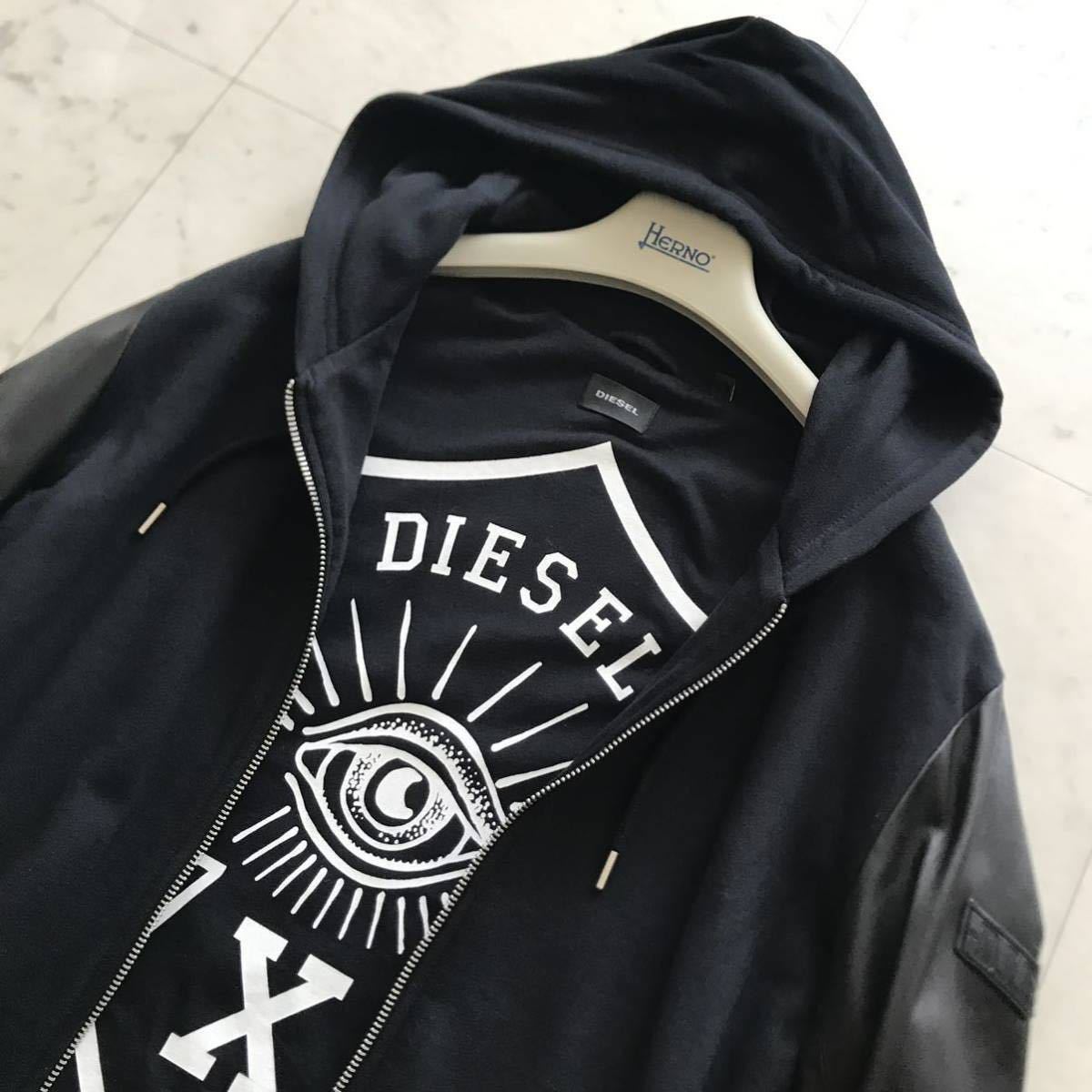 美品☆ ディーゼル / DIESEL 極上ラムスキン レザー 切替 ジップ パーカー ライダース ジャケット M位 袖レザー 羊革 レザータグ ブラック_画像6