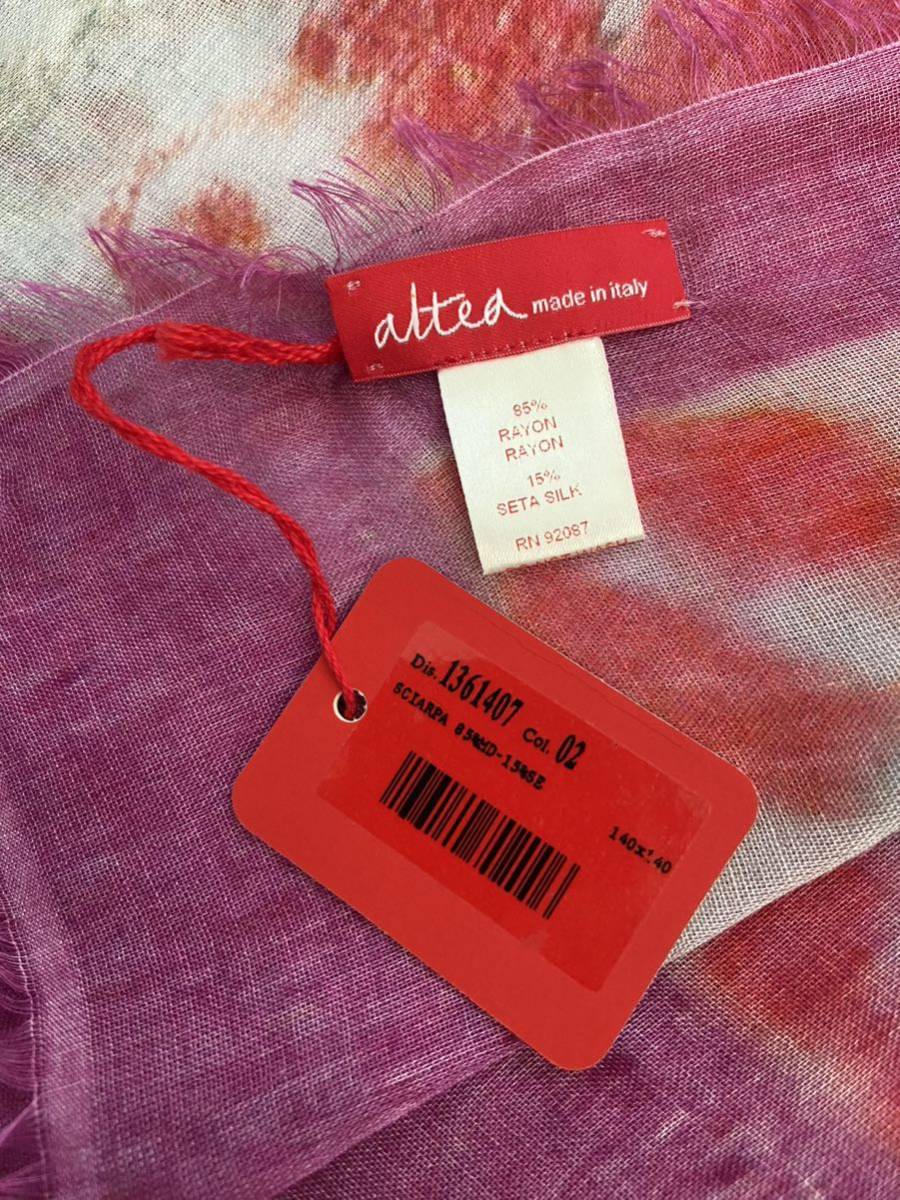 Altea イタリア製大判シルク混花柄ストール 赤 ピンク アルティア 正方形 スカーフ タグ付き_画像6