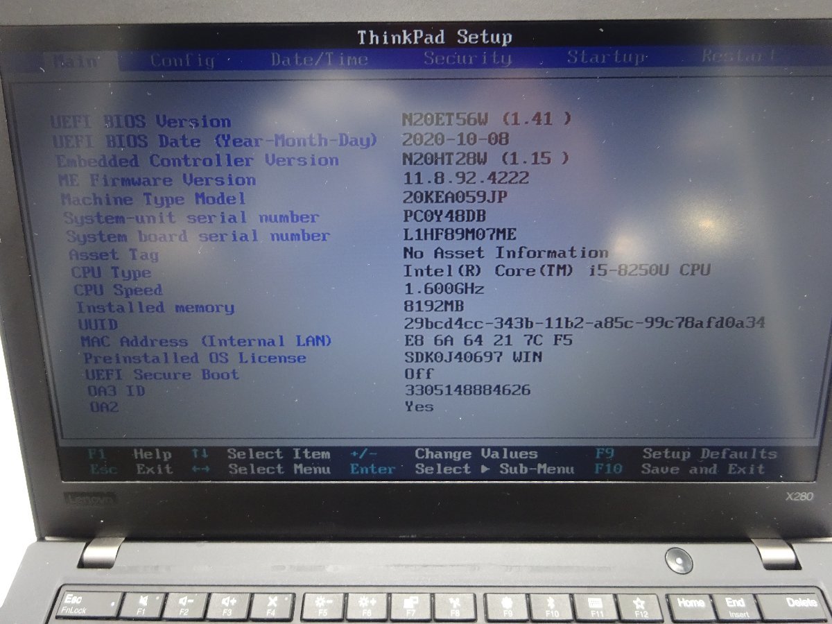 Lenovo ThinkPad X280 20KE-A059JP 第8世代CPU i5-8250U 1.6GHz/8GB/SSD256GB/無線LAN/Webカメラ_画像8