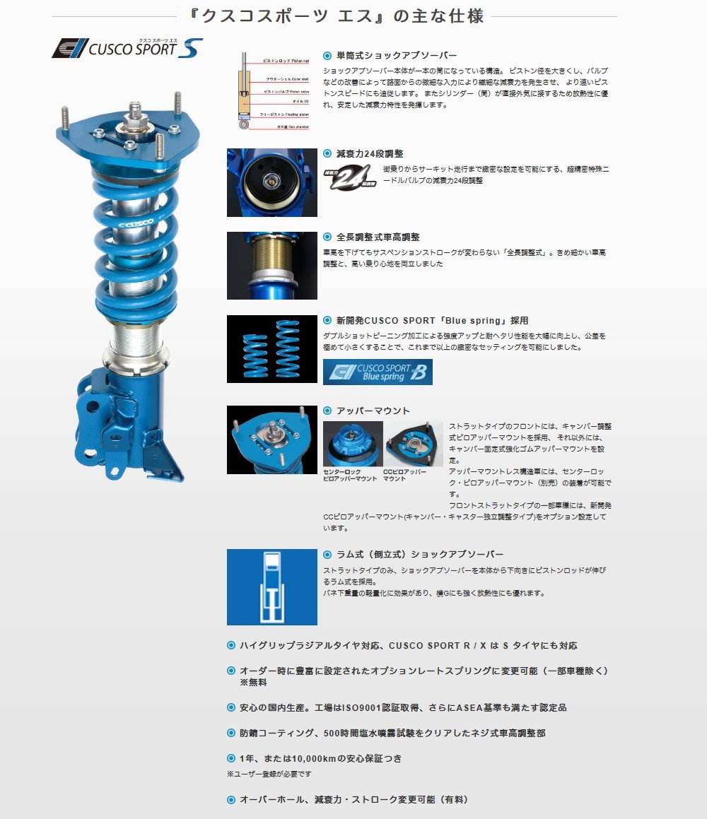 【CUSCO/クスコ】 車高調整サスペンションキット SPORT S トヨタ GR カローラ GZEA14H [1H1-64S-CN]の画像2