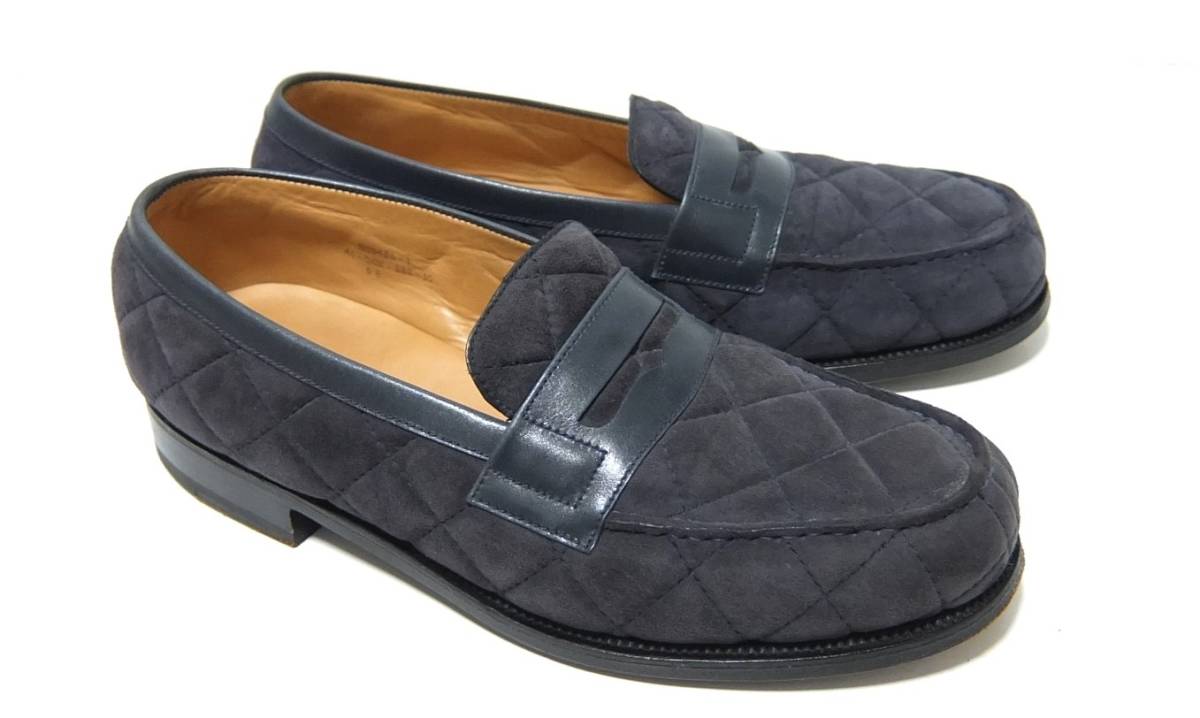 J.M.WESTONn back × leather quilting Loafer navy blue 6E waist n France made 