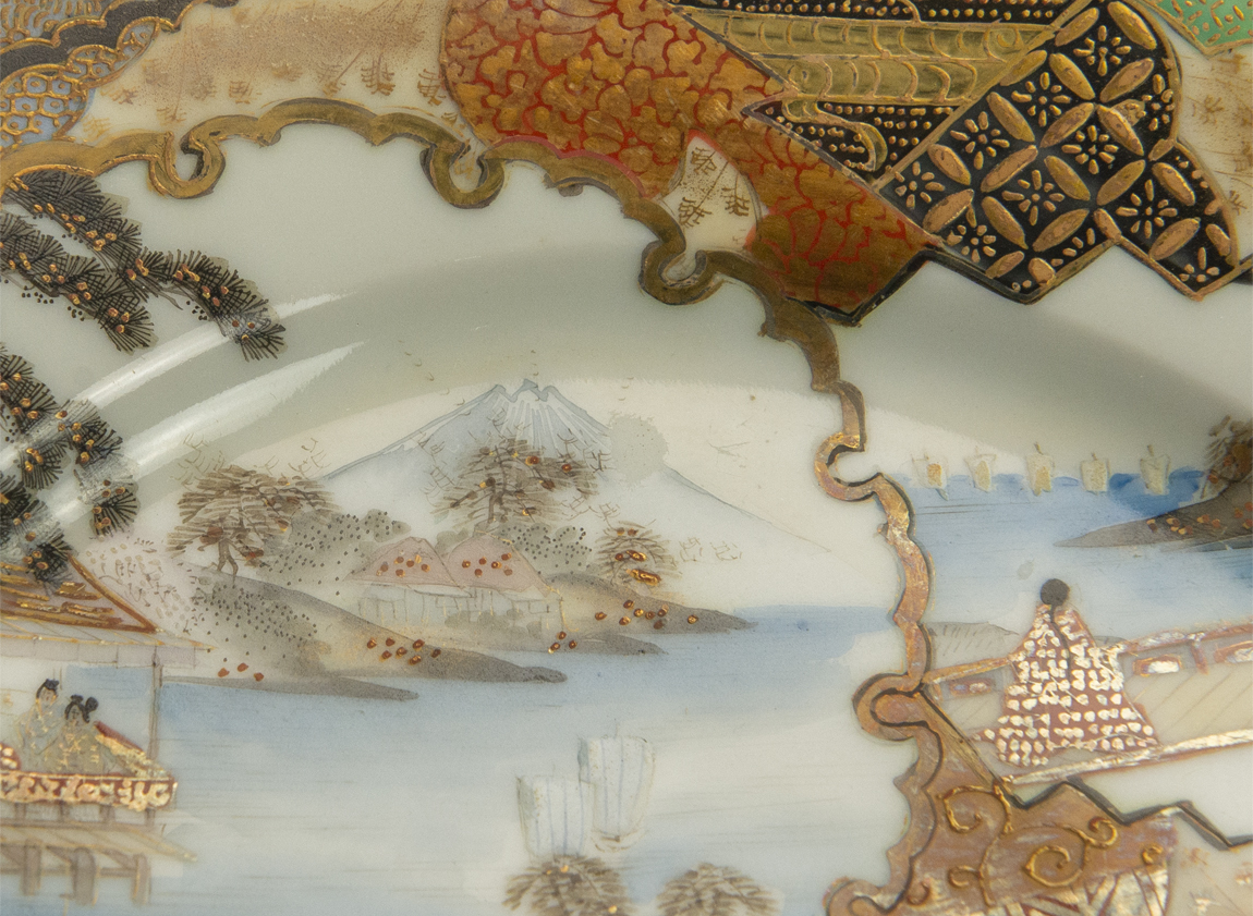 19世紀 加賀国九谷造奥村画 金彩色絵山水人物紋盤 古美術_画像2