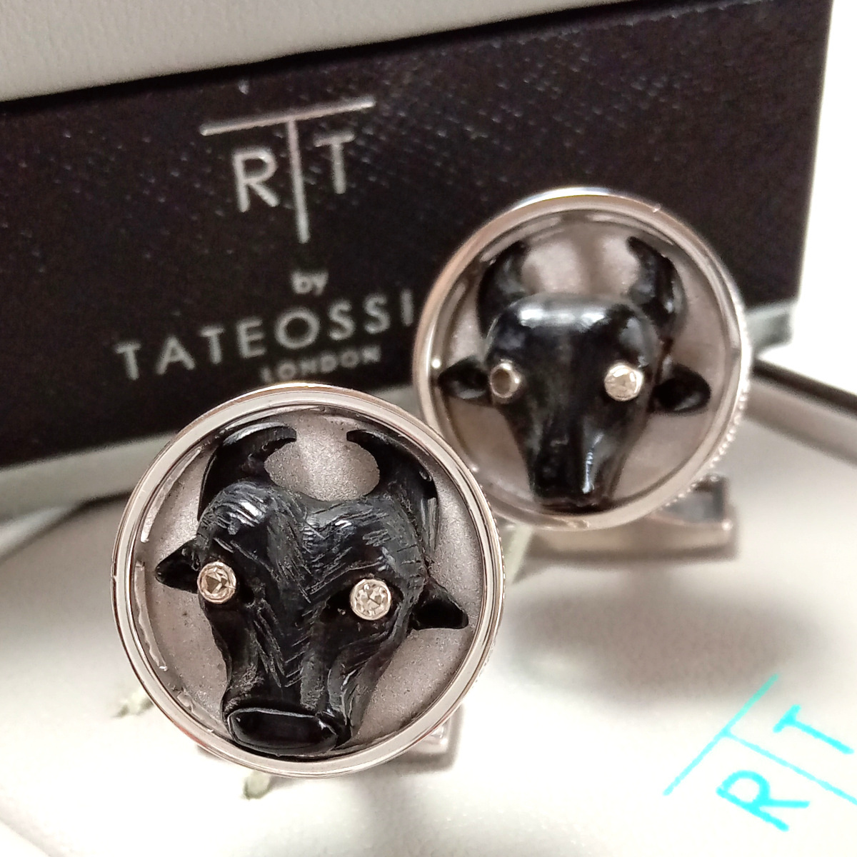 【tac63】新品　TATEOSSIAN　タテオシアン　カフリンクス　カフス　シルバー925　純銀　ラウンド ブラック/黒 ウシ/牛モチーフ イギリス製