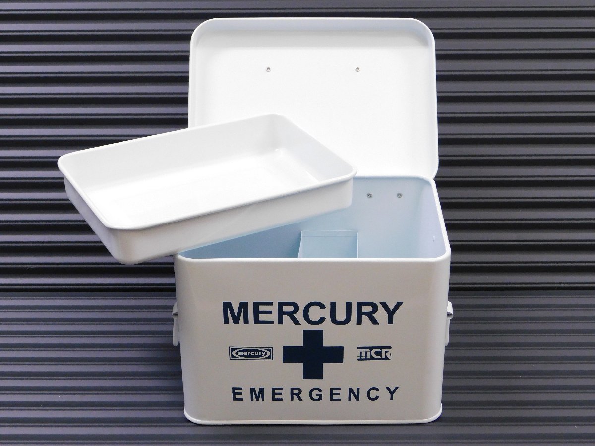 【MERCURY・マーキュリー】※《エマージェンシーボックス／ホワイト》　(品番MEBUEBWH)　救急箱　ブリキ製　インダストリアル_トレイは取り外しが出来ます