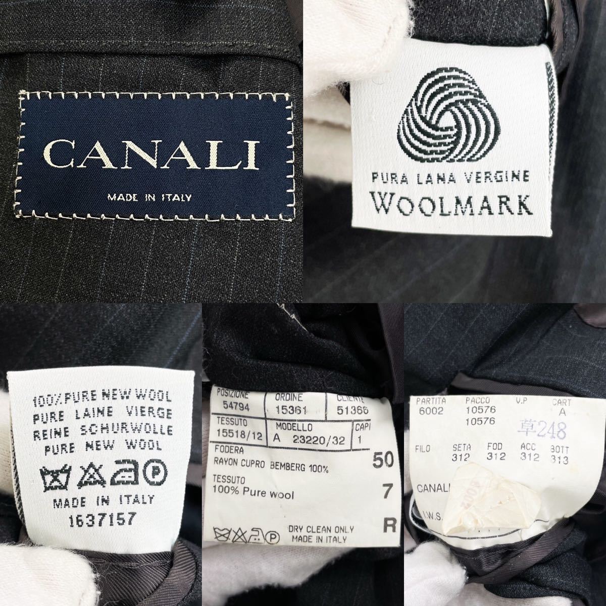 極美品!CANALI/カナ―リ【高級感◎ウール100%×水牛釦】スーツ セットアップ ストライプ ダークグレー 50/L-XL位 背抜き 通年 ビジネス _画像10