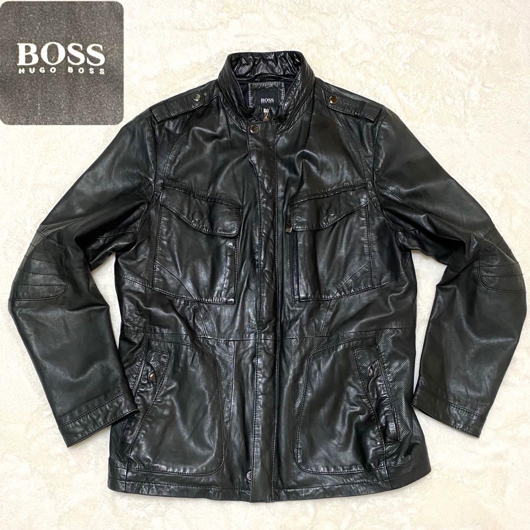 ☆美品☆ HUGO BOSS ヒューゴボス　ライダースジャケット　レザージャケット　ラムレザー　M-65型　大きいサイズ　ブラック XLサイズ_画像1