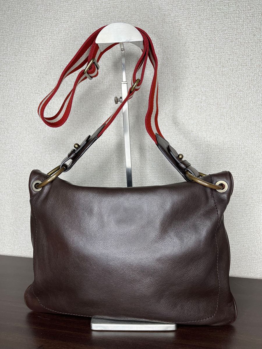 美品★ BALLY バリー 本革レザー ショルダーバッグ   茶 ブラウン ボルドー　ストライプ  スイス製　A4収納 斜めがけ