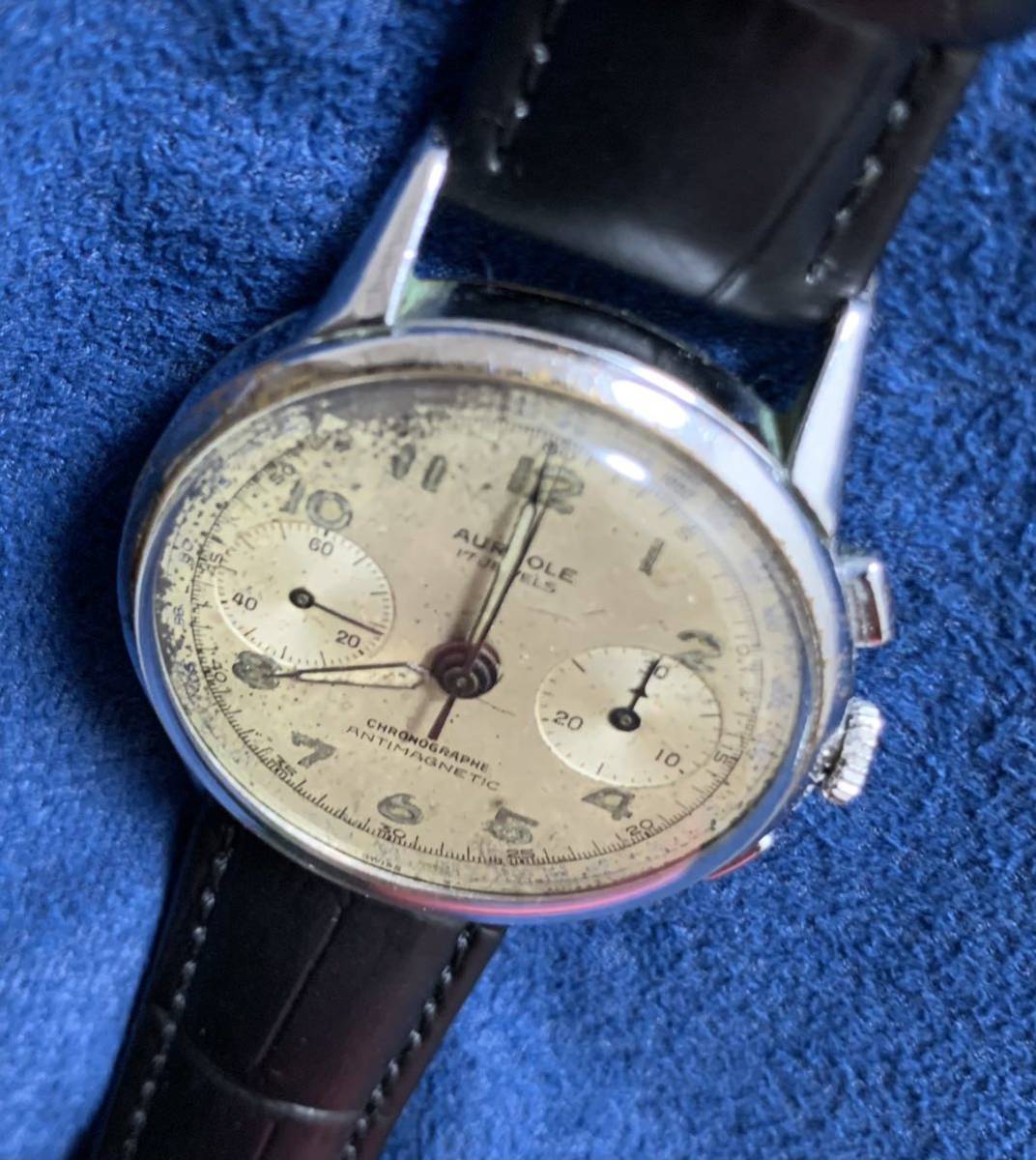 稼働 クロノ針0帰着 クロノグラフ 手巻 腕時計 アンティーク オレオール 17jewels AUREOLE chronograph antimagnetic men's manual winding_画像9