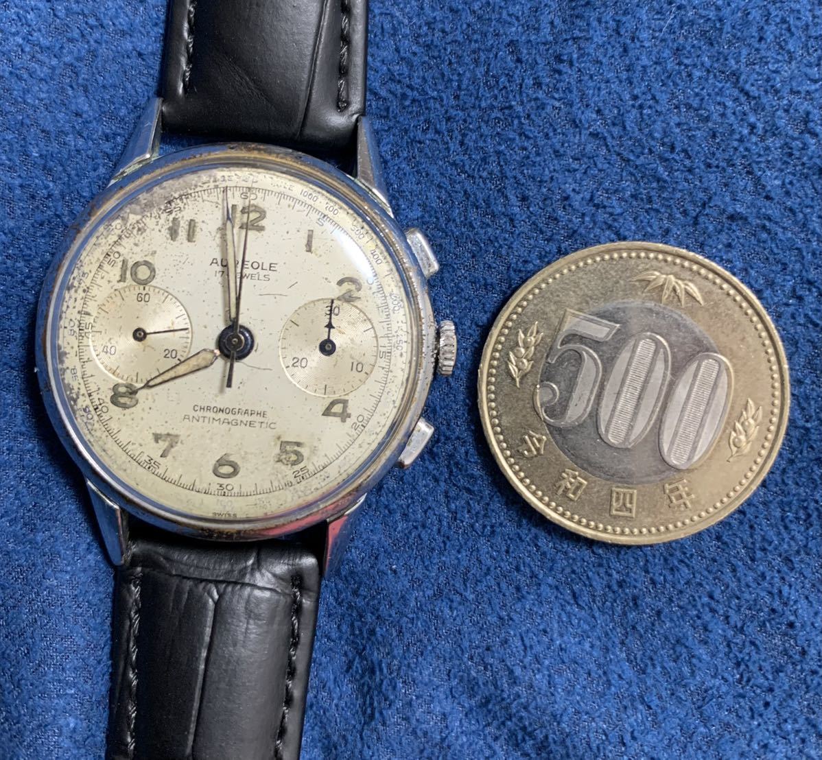 稼働 クロノ針0帰着 クロノグラフ 手巻 腕時計 アンティーク オレオール 17jewels AUREOLE chronograph antimagnetic men's manual winding_画像1