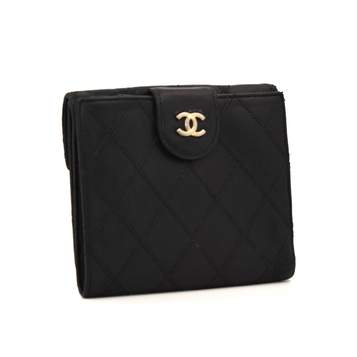 [ 1円 ] CHANEL シャネル ビコローレ 二つ折り財布 ブラック系 ココマーク ゴールド金具 マトラッセ ラムスキン ステッチ シールあり _画像2