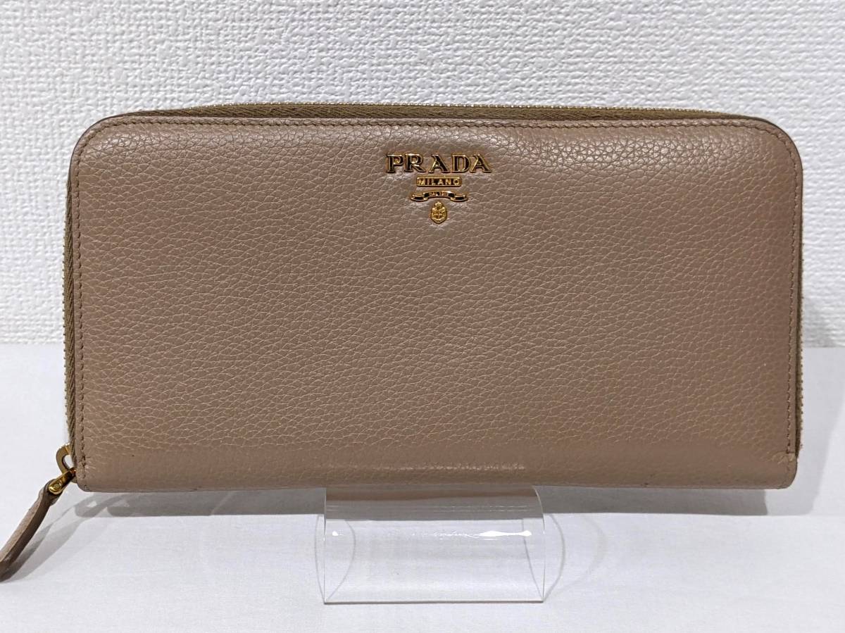 【40303】PRADA プラダ 長財布 レザー ベージュ レディース ウォレット ラウンドファスナー ゴールド金具_画像1