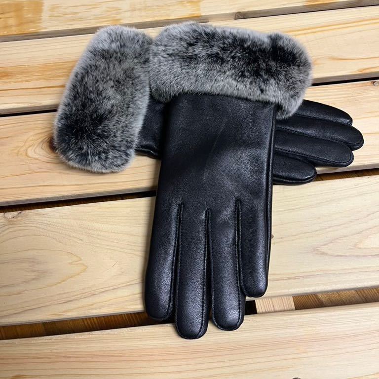 新品◆レディース一枚革グローブ・レザー手袋ラビットファー　裏起毛　暖かい♪ ブラック