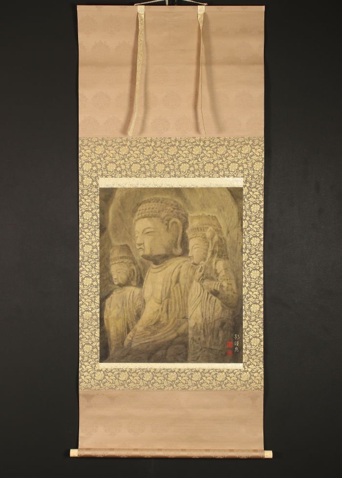 【模写】【一灯】vg3839〈松本郭〉阿弥陀三尊像 仏画 中国画 共箱 太巻 奈良の人