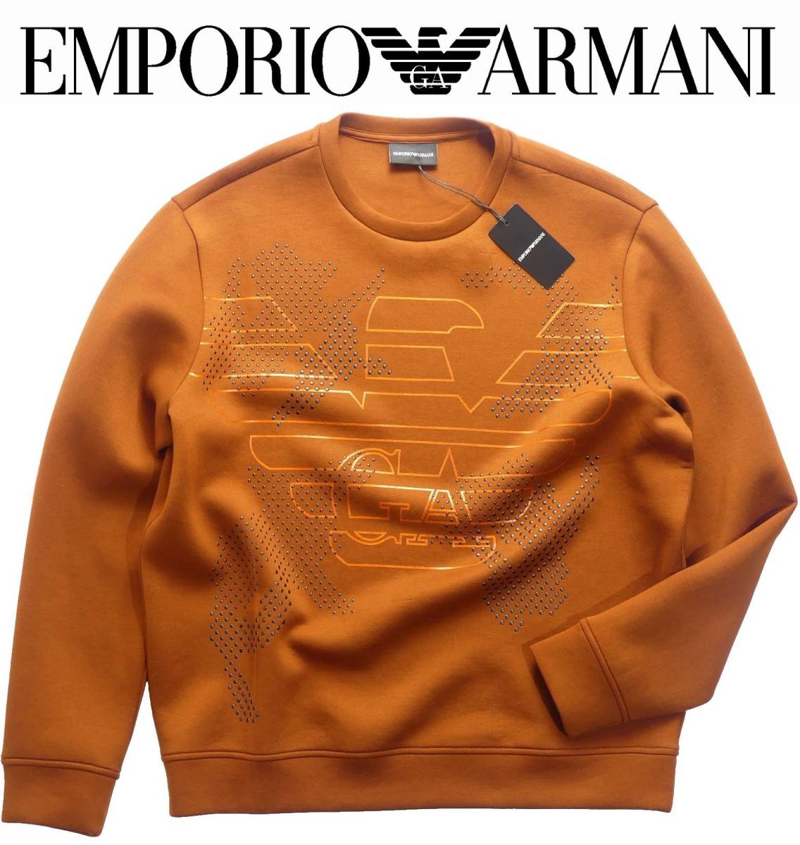 通年物60,000円新品EMPORIO ARMANIアルマーニ★ルーズフィットが洒落ているスタッズ装飾ビッグサイズロゴのトレーナー【欧米3XL＝日本4XL】_画像1