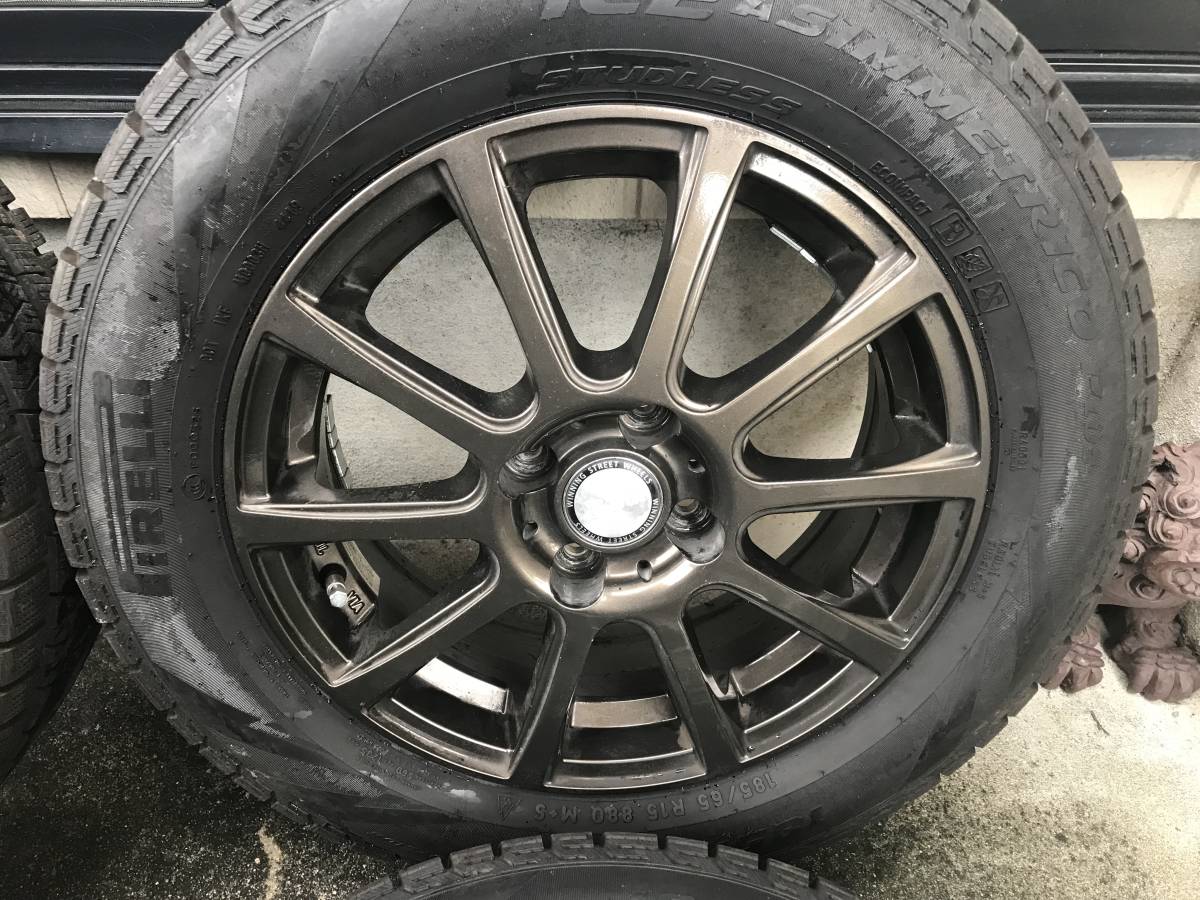 ＜スタッドレス＞ B-WIN 15インチアルミ 185/65R15 PIRELLI 2019年製 ブロンズカラー ICE ASIMMETRICO ノート フリード ティーダ_画像3