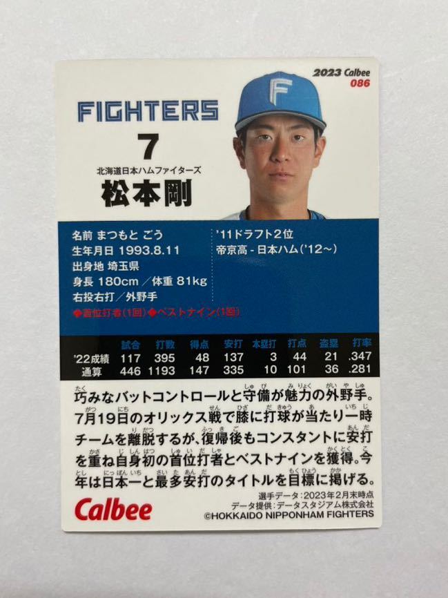 2023 プロ野球チップスカード 086 北海道日本ハムファイターズ 松本剛 レギュラーカード 第2弾 カルビーの画像2