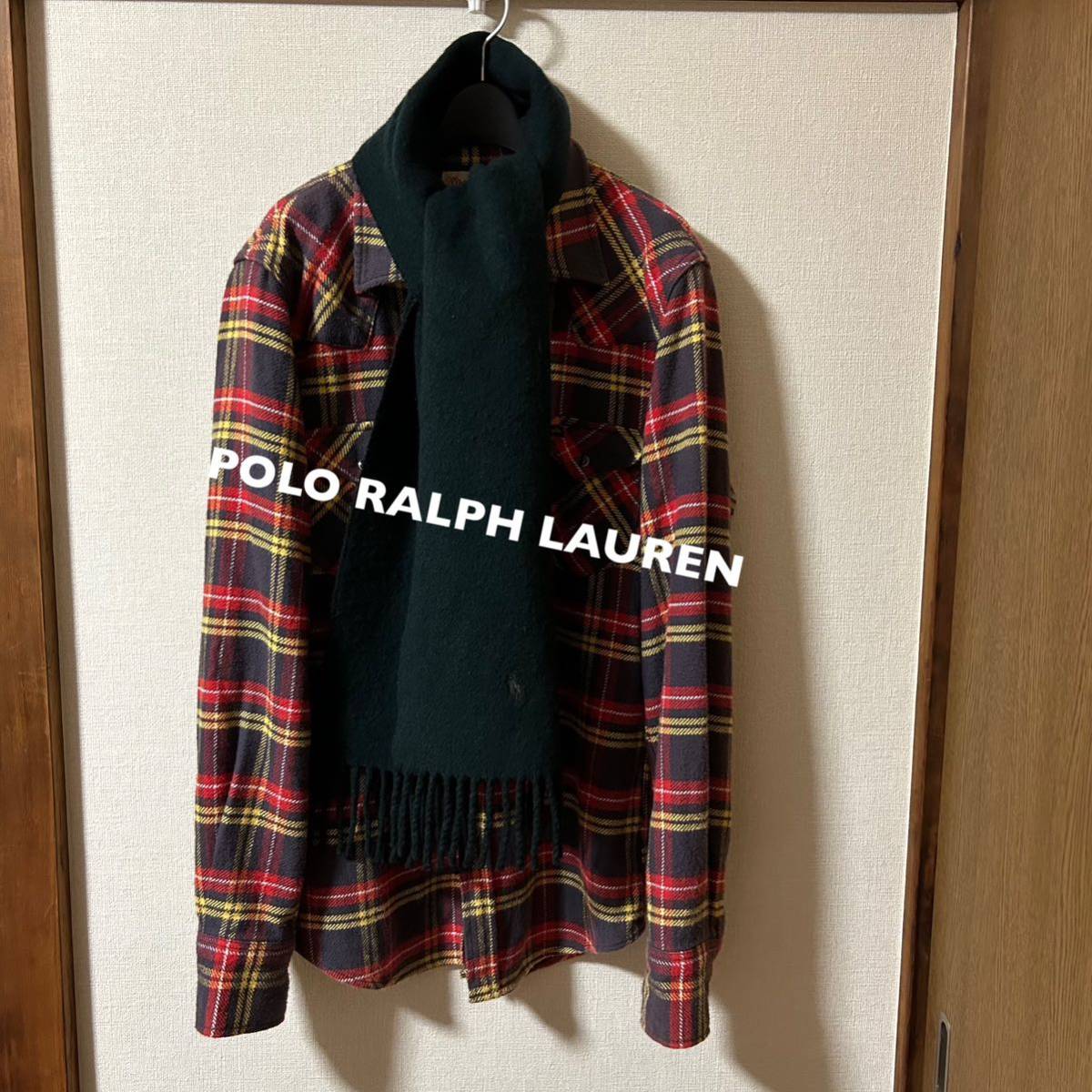 イタリア製 ポロラルフローレン 古着マフラー ポニー刺繍 ウール80% 深緑 ダークグリーン×チャコールグレー POLO RALPH LAUREN_画像1