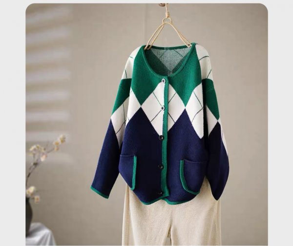 xz カーディガン セーター ニット 暖かい もこもこ 高質 ゆったり ひし形柄 ネイビー_この色の出品です
