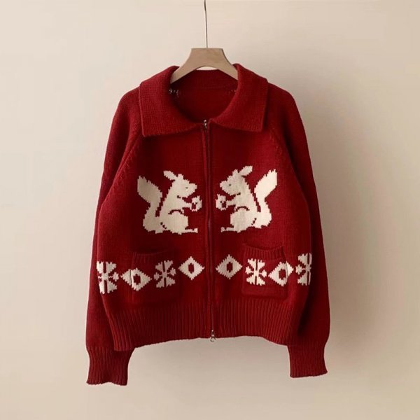 xzセーター ニット 可愛い 着映え レディース ゆったり 暖かい 織り込みリス模様 レッド_画像1