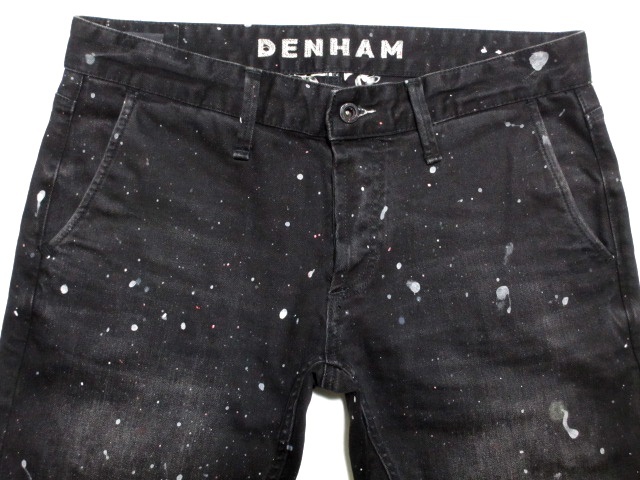 即決 特別仕様 DENHAM デンハム YORK ヨーク スリムテーパード W31実86 ストレッチ ブラック黒デニム ペイント加工ジーンズ メンズ_画像4