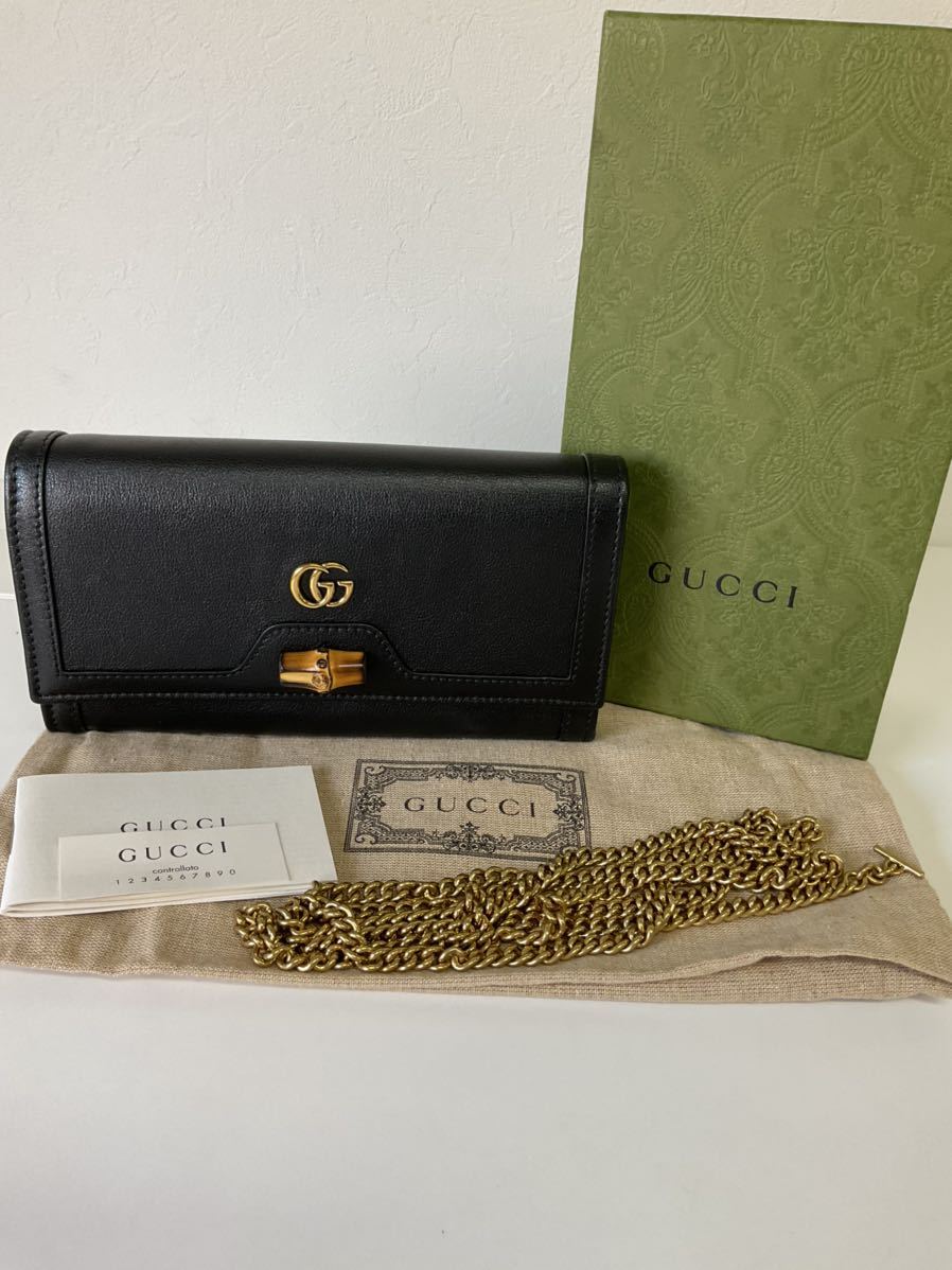 営SA484-60◆ 【新品・未使用】GUCCI グッチ バンブー チェーンウォレット 658243・525040 ブラック ゴールドチェーン ２つ折り財布 箱あり_画像1