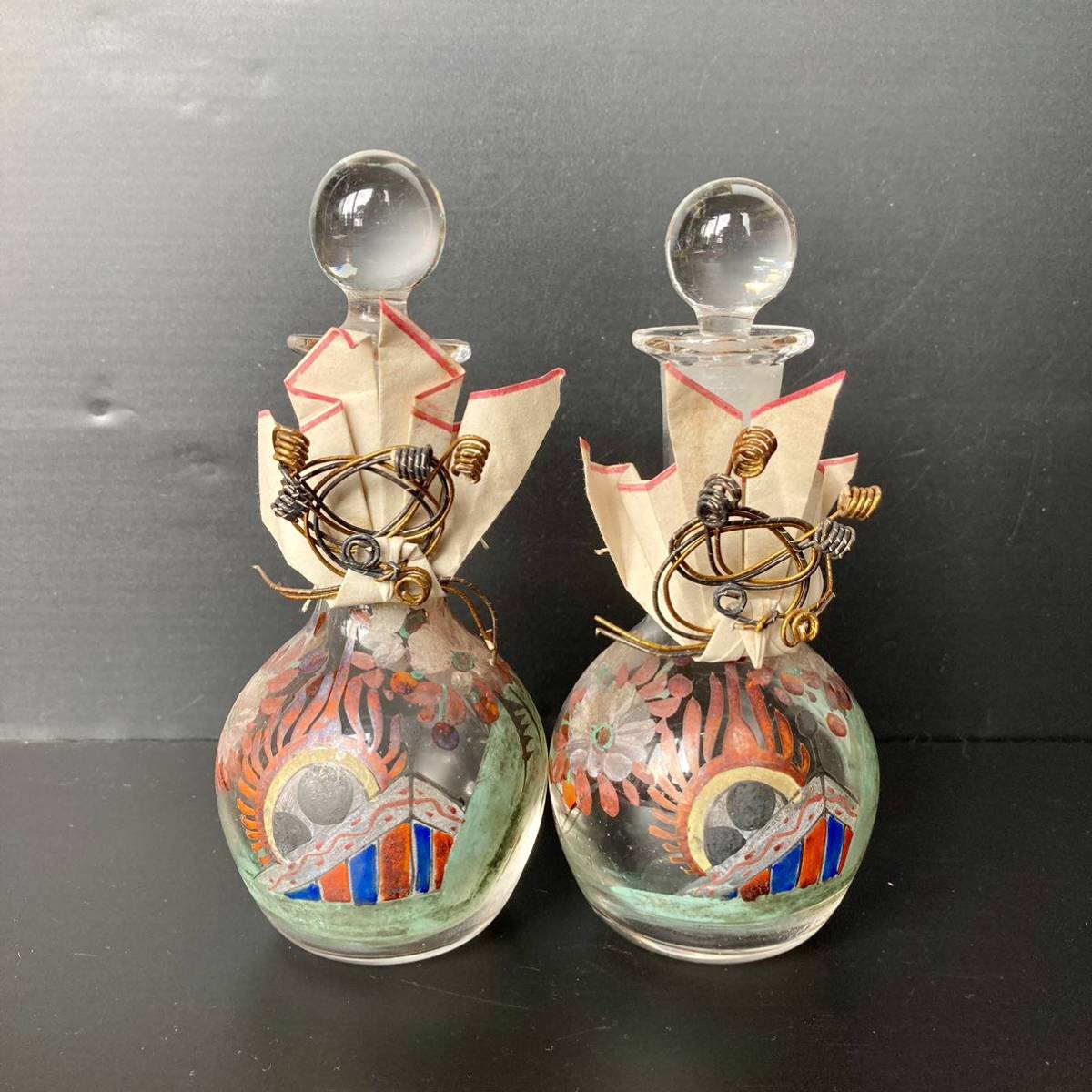 大正ロマン 昭和レトロ ガラス 御神酒 徳利1対 アンティーク ガラス絵 酒器