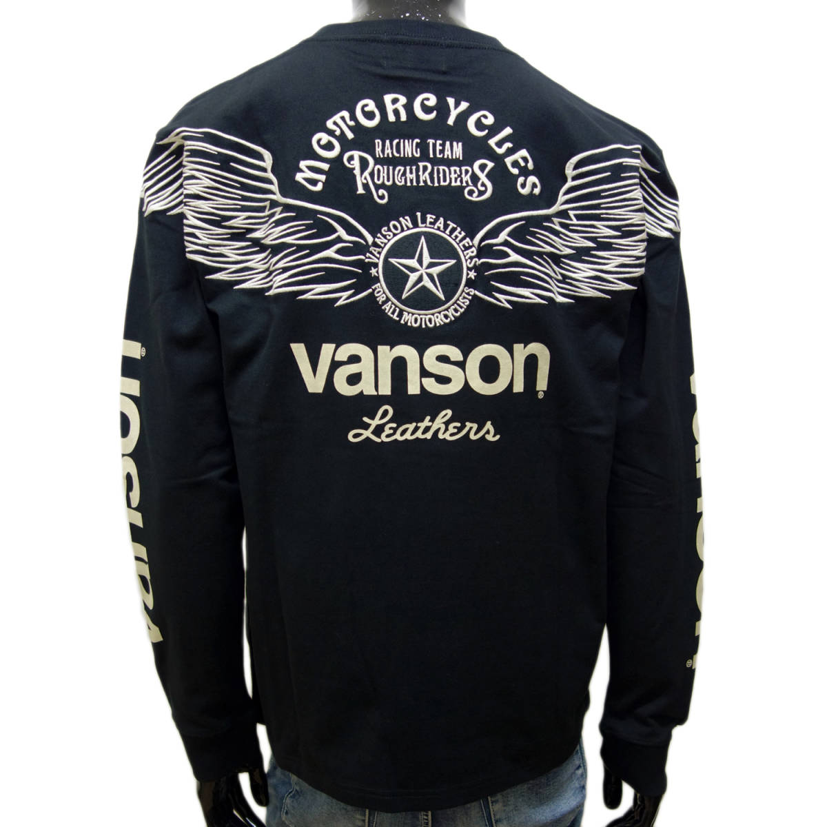 送料無料 バンソン 長袖 Tシャツ NVLT-2312 LL (XL) 黒 フライング スター 刺繍 翼 ウイング VANSON ロンT バイク バイカー クルーネック