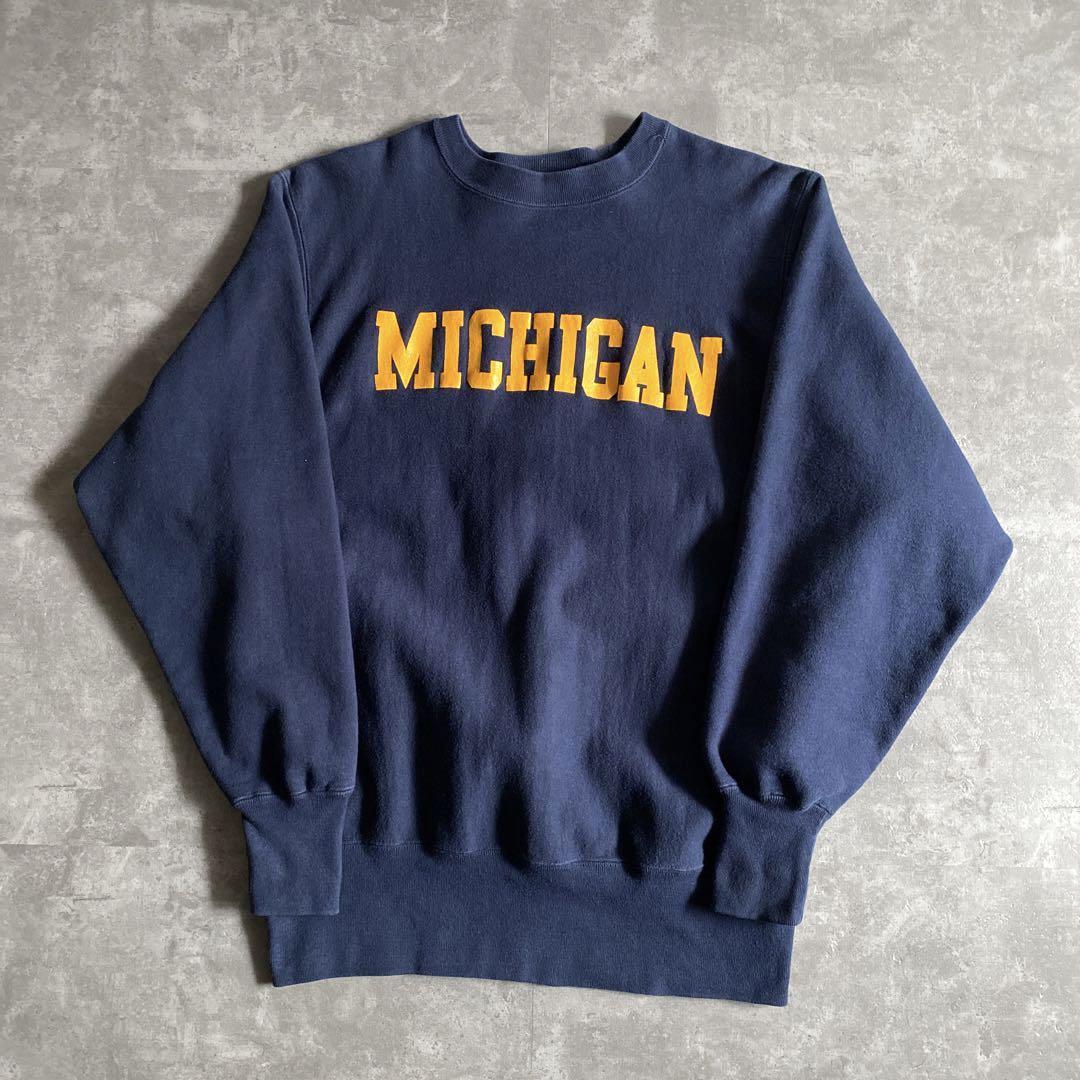 90s ビンテージ USA製 チャンピオン MICHIGAN ミシガン REVERSE WEAVE リバースウィーブ スウェット 紺 黄 ネイビー  イエロー L アメリカ製