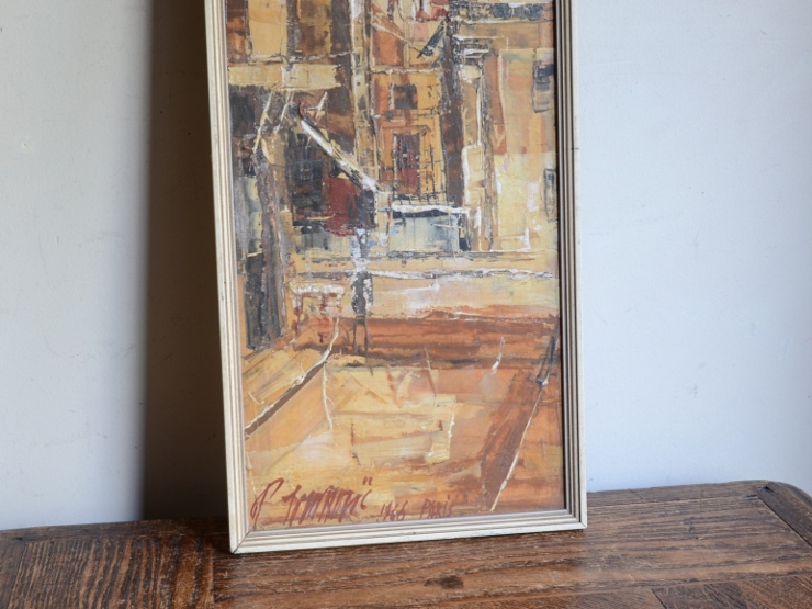 アンティーク家具 雑貨 オブジェ 木製フレーム ヴィンテージ ウォールデコレーション (絵画)油彩1966パリ_画像4